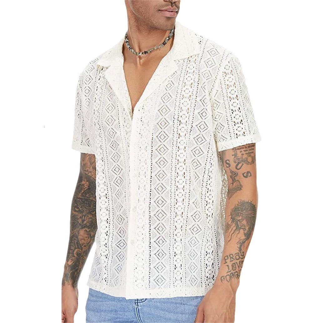 Fashionable Jacquard Lace Mesh Shirt For Men Summer Beach Sexy Hollow Out See Through Shirts Vintage Mens Short Sleeve Cardigans 250224