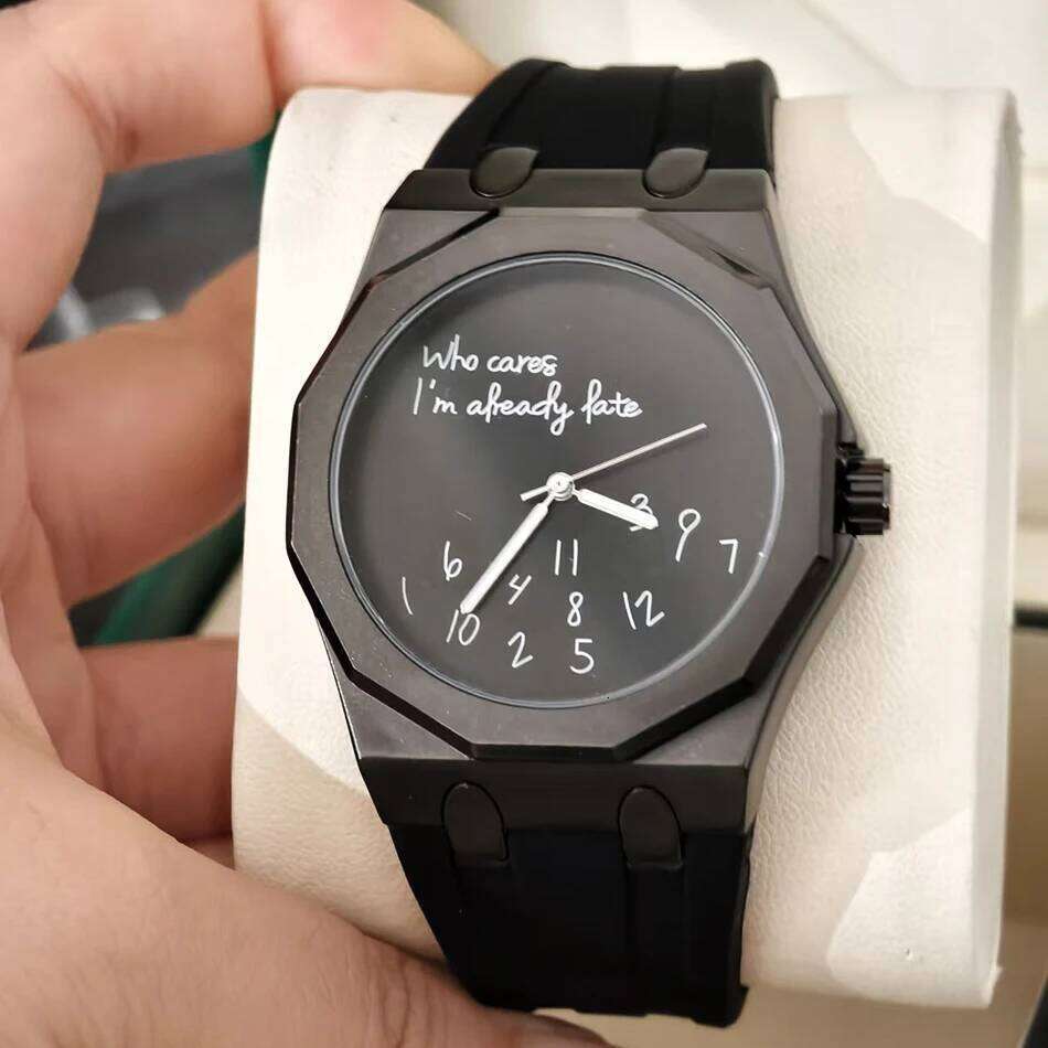 Luxury Octagon Case Men's Silicone Strap Waterproof Wristwatch "Who Cares I'm Already Late" Fun Slogan Dial Watch 26Y0512