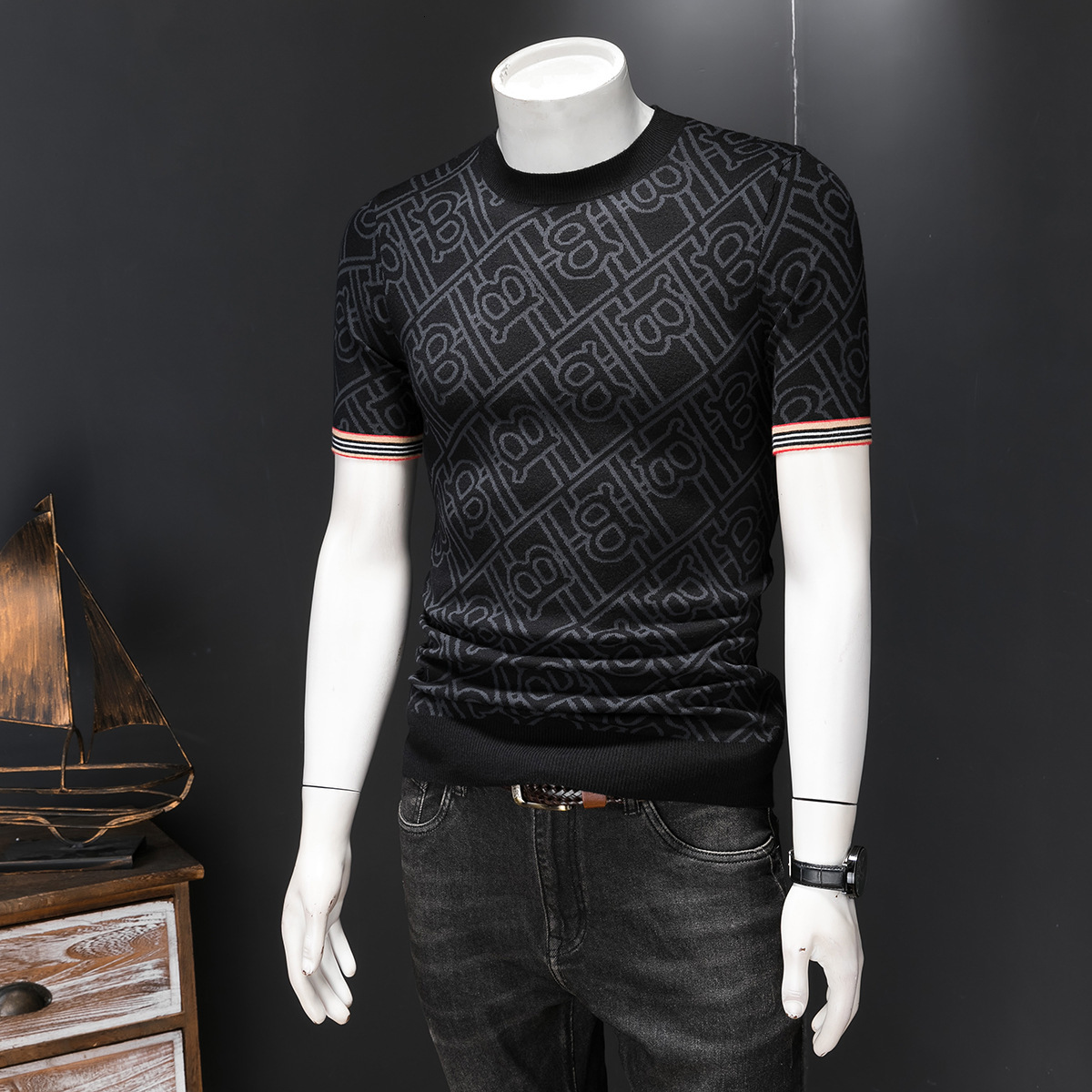 European Brand Men's Jacquard Short Wool Knit Pullover Half Sleeve Base Shirt 2026 Autumn Winter New Trend
