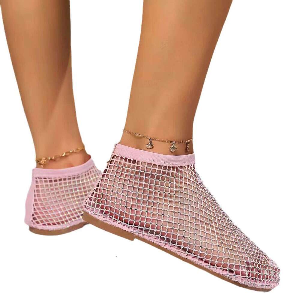 Women's Rhinestone Mesh Ankle Boots Sparkly Slip-on Flat Shoes Round-toe hollow-out rhinestone slip-on breathable mesh sandals low-top