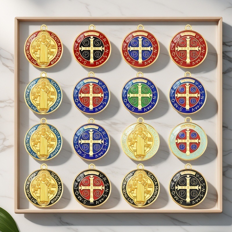 Alloy Enamel MultiColor Saint Benedict Medal Pendant Religious Easter DIY Jewelry Accessories 230320