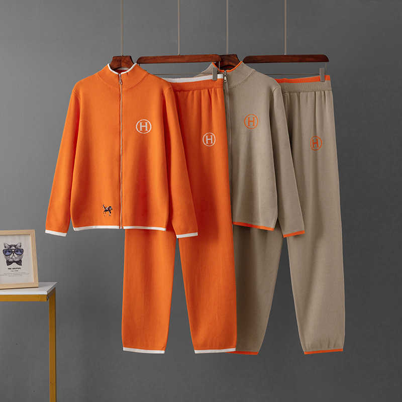 New Creative Horse Embroidery Color Block Long Sleeve Jacket Casual Knit Pants Two Piece Set