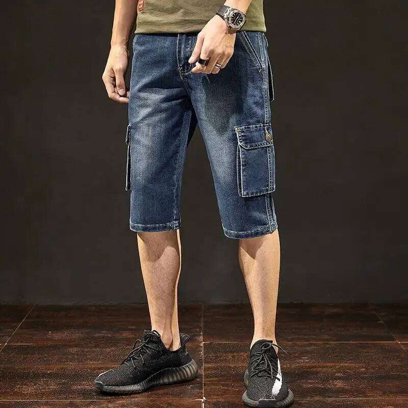 Men's Short Jeans Pants Blue Straight Cargo with Pockets Male Half Denim Shorts Cowboy Designer Stretchable Wih Zipper Stretch 26L0512