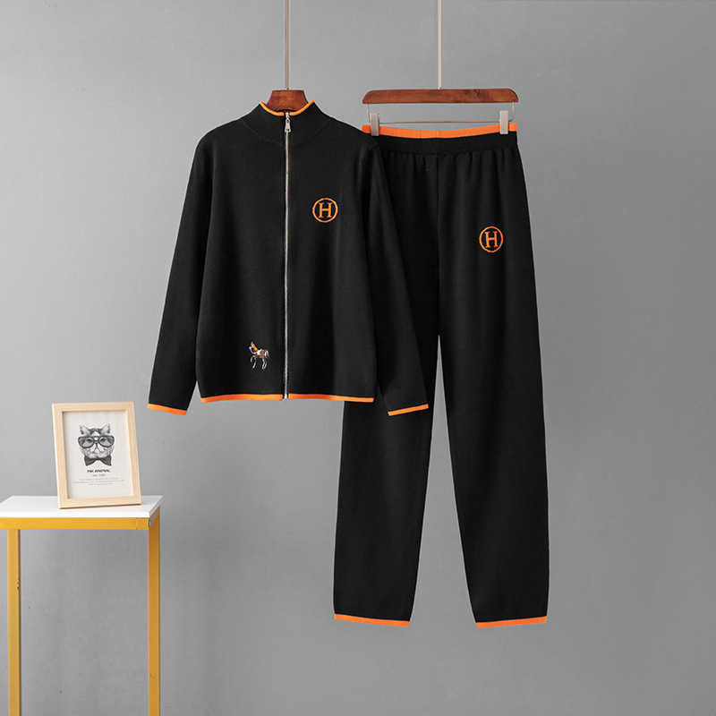 New Creative Horse Embroidery Color Block Long Sleeve Jacket Casual Knit Pants Two Piece Set
