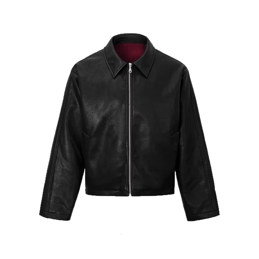 American high street vibe style simple black cool leather jacket for men trendy loosefitting top with a turndown collar and zipper 250109