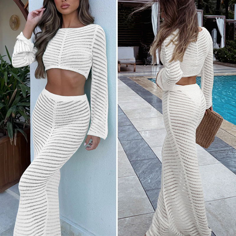 Fashion Hollow Out Knitted Midi Dress for Women Elegant Long Sleeve Slim Side Split Summer round-neck long-sleeved knitted half-length dress set 24081