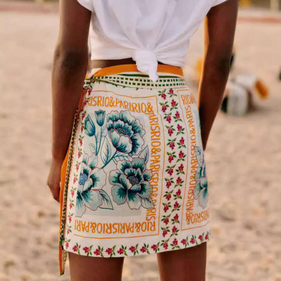 European American Printed Lace Up Beach Skirt Casual Elegant Holiday Streetwear Women Summer Autumn Skirt MAKOUFEI