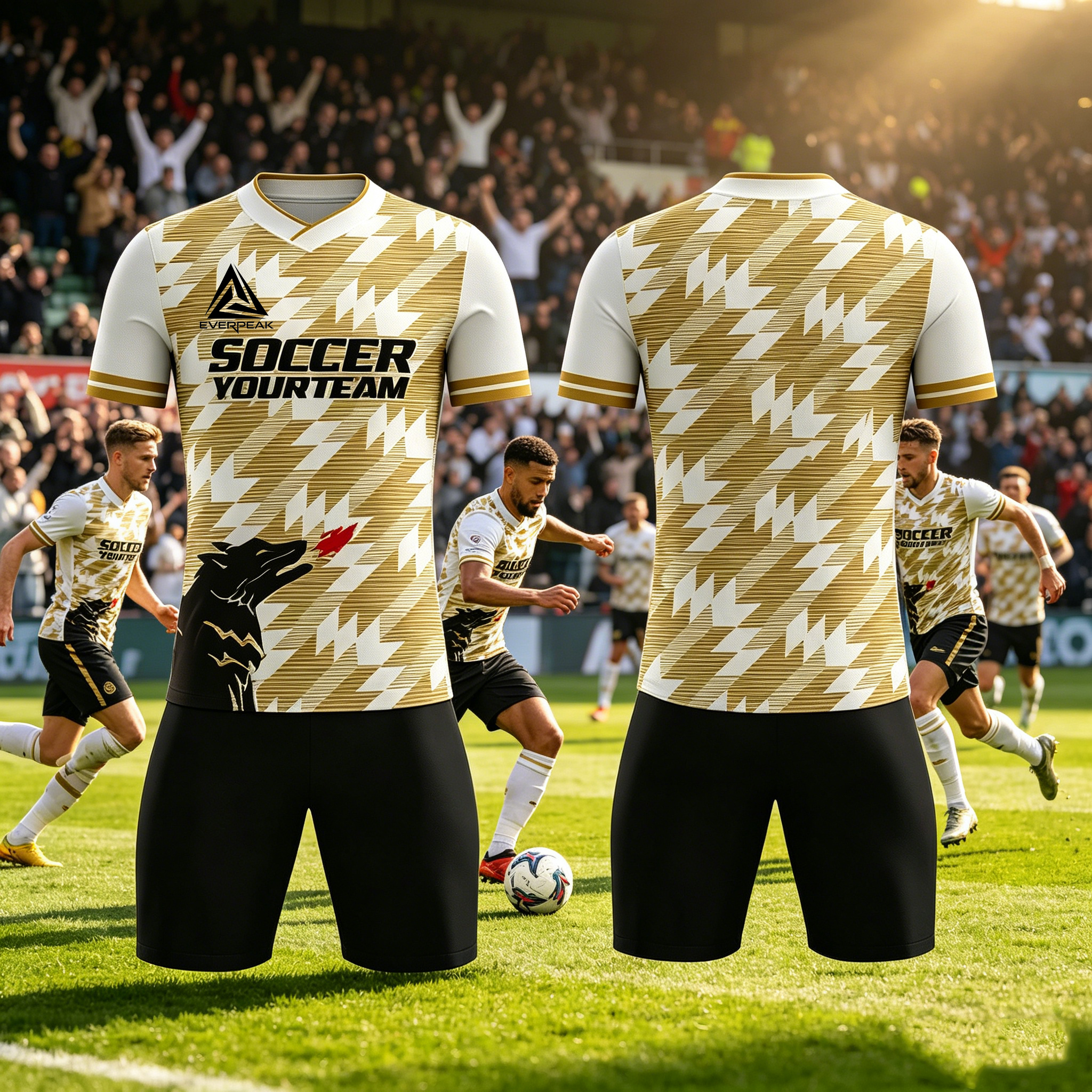 Custom Soccer Jersey Set Men Gold White Diagonal Wolf Football Uniform with Shorts Personalized Name Number Breathable Quick Dry Kit - view 5