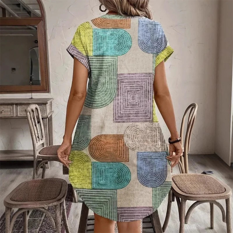European and American womens clothing foreign trade summer geometric printing elegant V-neck button up dress 260512