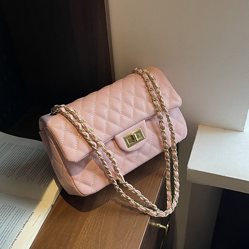 designer luxury Lingge women's bag 2026 new chain crossbody long square flip lock bag premium texture bag Easy to match