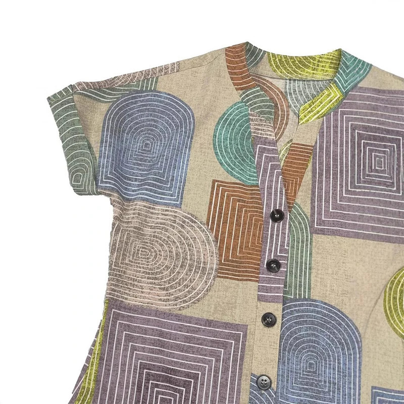 European and American womens clothing foreign trade summer geometric printing elegant V-neck button up dress 260512