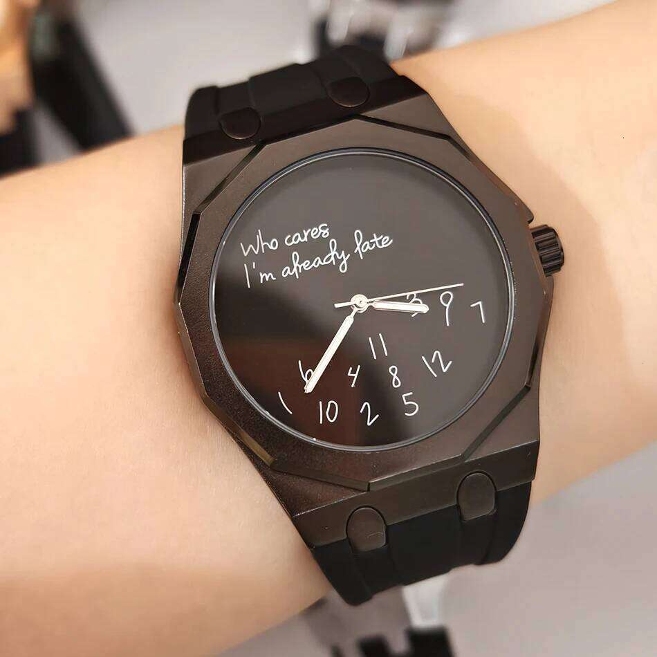 Luxury Octagon Case Men's Silicone Strap Waterproof Wristwatch "Who Cares I'm Already Late" Fun Slogan Dial Watch 26Y0512