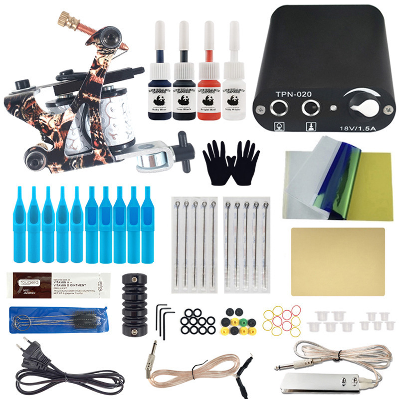 Tattoo Kits Coil Machine Set Complete Beginner Kit with Power Supply Foot Pedal Needles ink For 220617