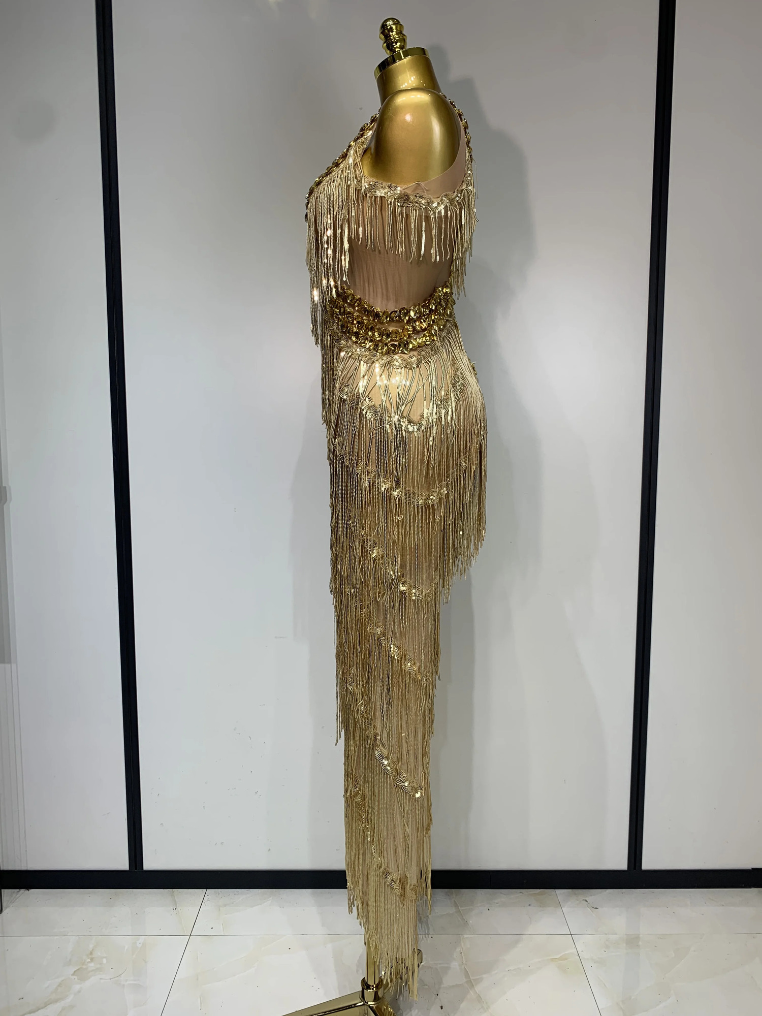 Women Sparkly Glod Rhinestones Sequined Fringe jumpsuit Sexy Nightclub Party Birthday Outfit Show Singer Stage Perform Costume 260512 - view 4