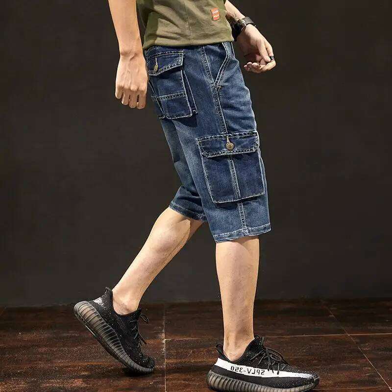 Men's Short Jeans Pants Blue Straight Cargo with Pockets Male Half Denim Shorts Cowboy Designer Stretchable Wih Zipper Stretch 26L0512