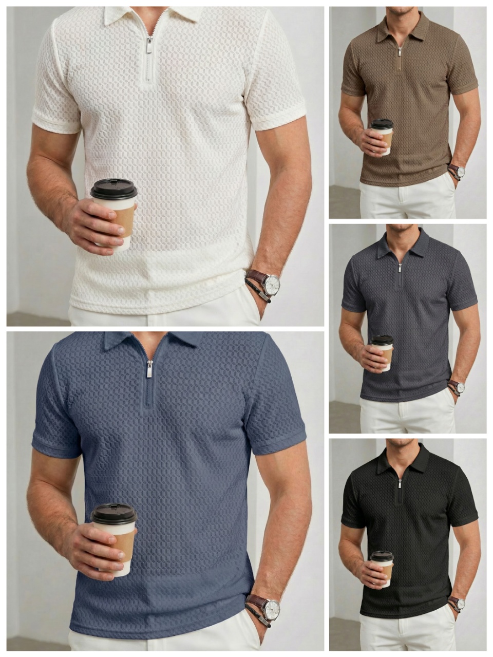 Men's Polos Casual POLO Shirt 2026 Summer Short Sleeve Sports Half Zipper Top Fashionable Solid Color Lapel Waffle T-shirt