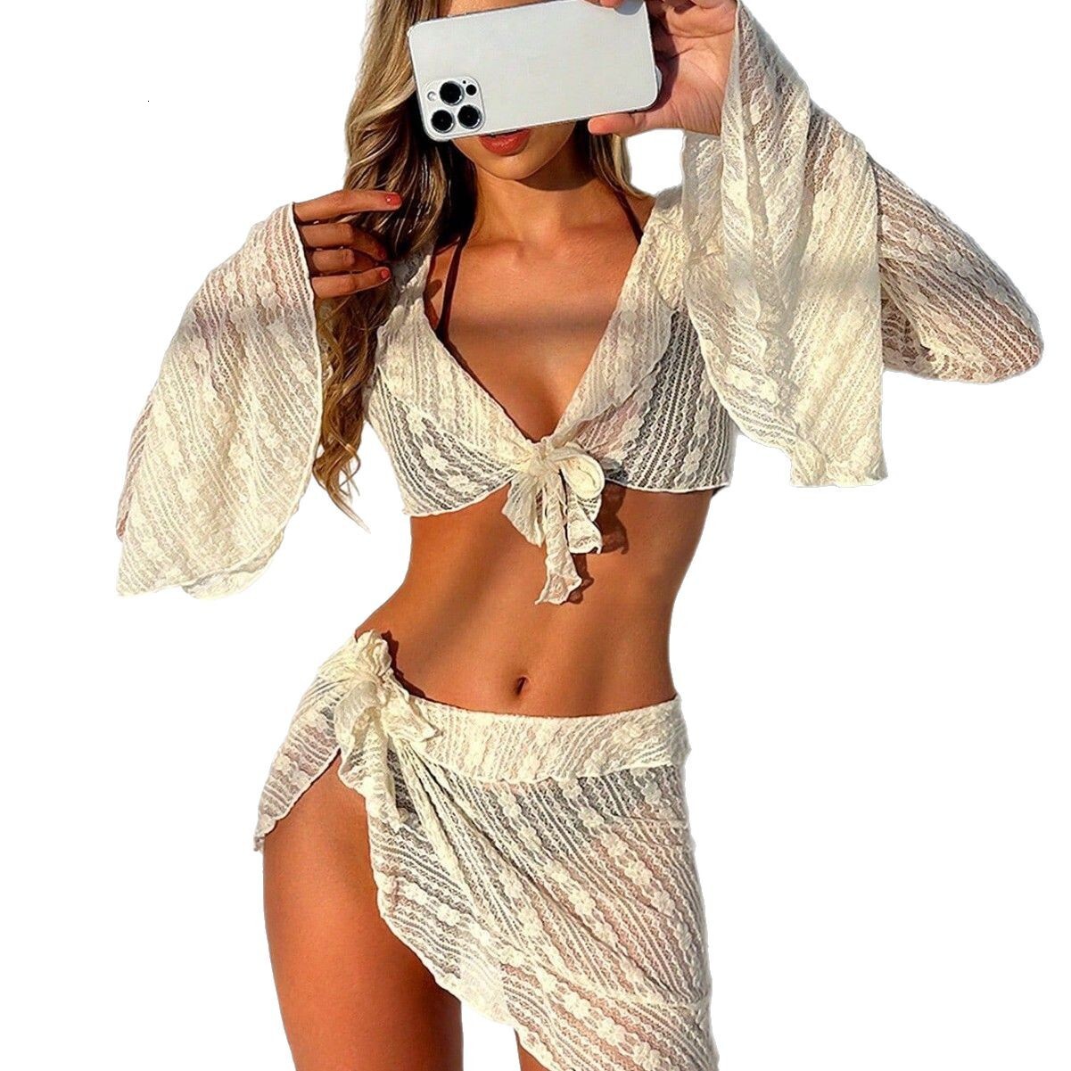 Swimsuits Bathing Suit Womens Swimwear Women's 4 Piece Swimsuit Set Lace Mesh Bikini With Long Sleeve Cover Up And Wrap Skirt Swimsuit For Beach  - view 7