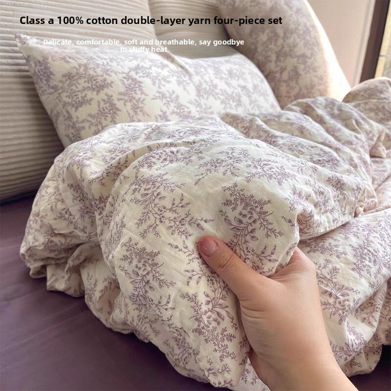 Class A All-Cotton Aerobic Double-Layer Yarn Four-Piece Pure Cotton Duvet Cover Bed Sheet Three-Piece Ins Bedding Set 1