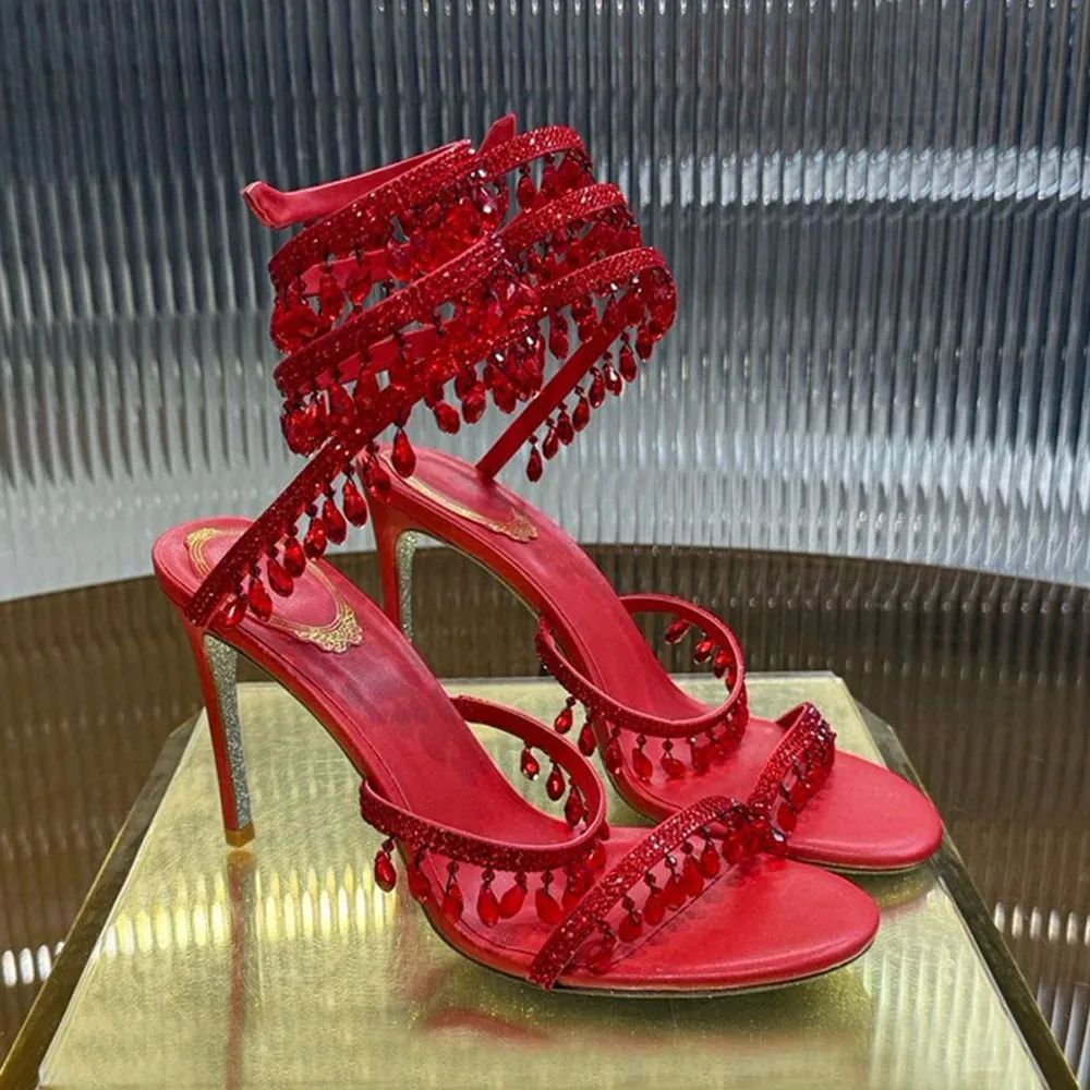 pink heels red bottoms heels designer heels women Crystals Embellished stiletto 95mm Ankle strap Wraparound high heeled rhinestone flower Evening Large size 34-43