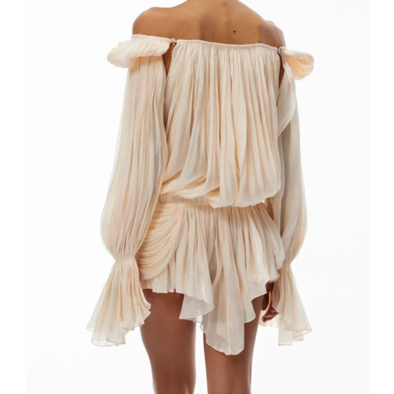 Satin Off Shoulder Pleated Mini Dress for Women Fashion Puff Sleeve Cinched Waist Prom Party Skirt 2026 Summer Lady Dresses 260520 - view 7
