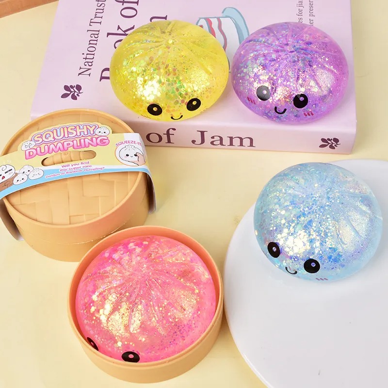 Premium in Stock Hot Glitter Dumpling Squishy with Box Dumplings Sensory Squeeze Toy for Stress Relief Fans Gift BY SEA