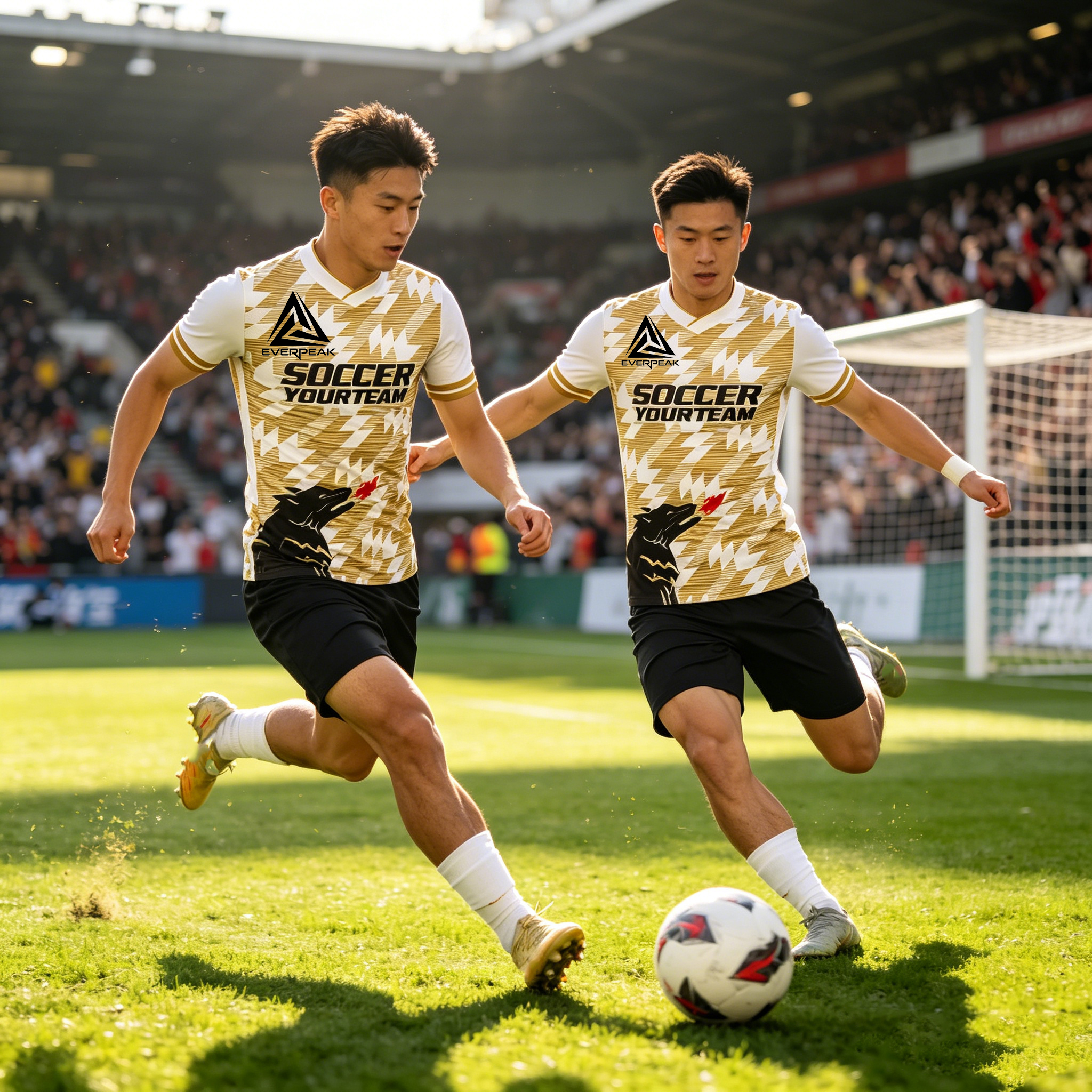 Custom Soccer Jersey Set Men Gold White Diagonal Wolf Football Uniform with Shorts Personalized Name Number Breathable Quick Dry Kit - view 3