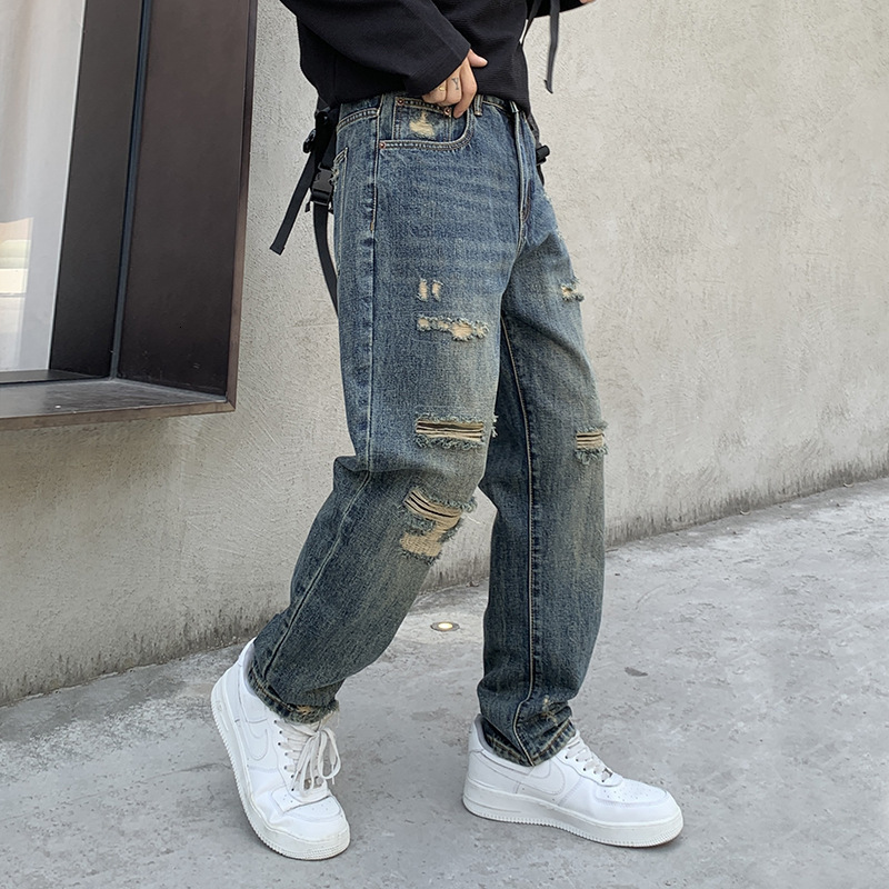 American Streetwear Ripped Jeans For MenS Clothing Japanese Harajuku Casual Baggy Jeans Hip Hop Beggar Denim Straight Pants 240821