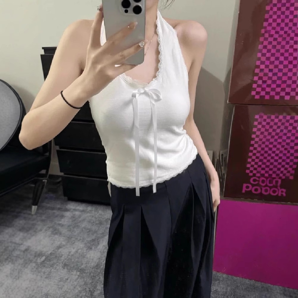 Y2K Vintage Lace Trim Crop Tops Womens Halter Vest Lace Trim Front Bowknot V-Neck Vest Backless Cropped Camisole 240812