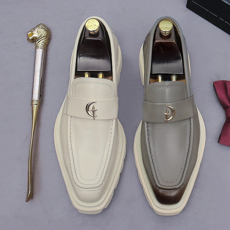 Men's Beige Leather Loafers Platform Thick Sole Slip-On Dress Shoes Moon Star Metal Buckle Casual Business Footwear - view 6