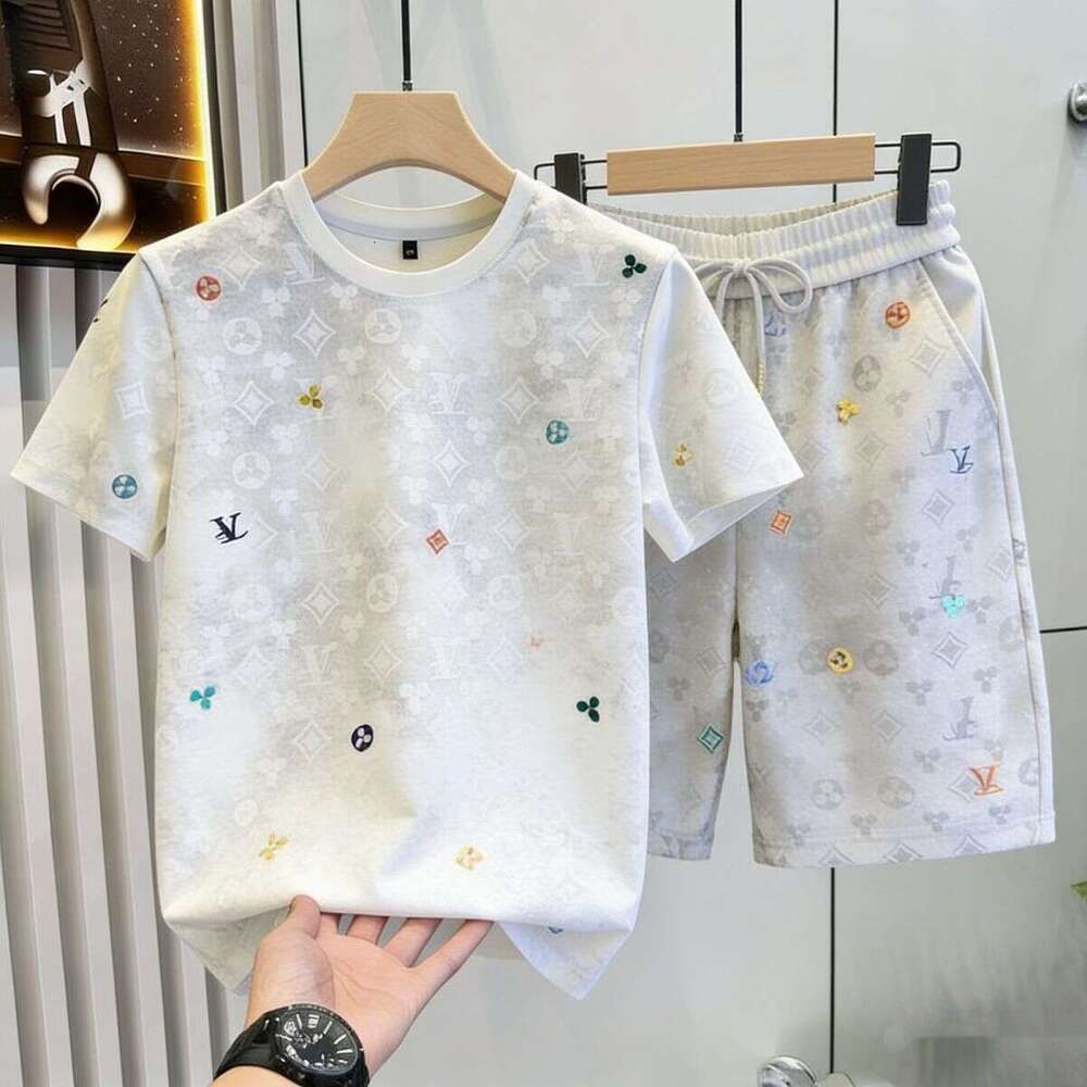 European-Style Light Luxury Summer Casual Sports Suit For Men, Trendy Brand Tie-Dye High-End Embroidered Shorts And T-Shirt Set Asia Size