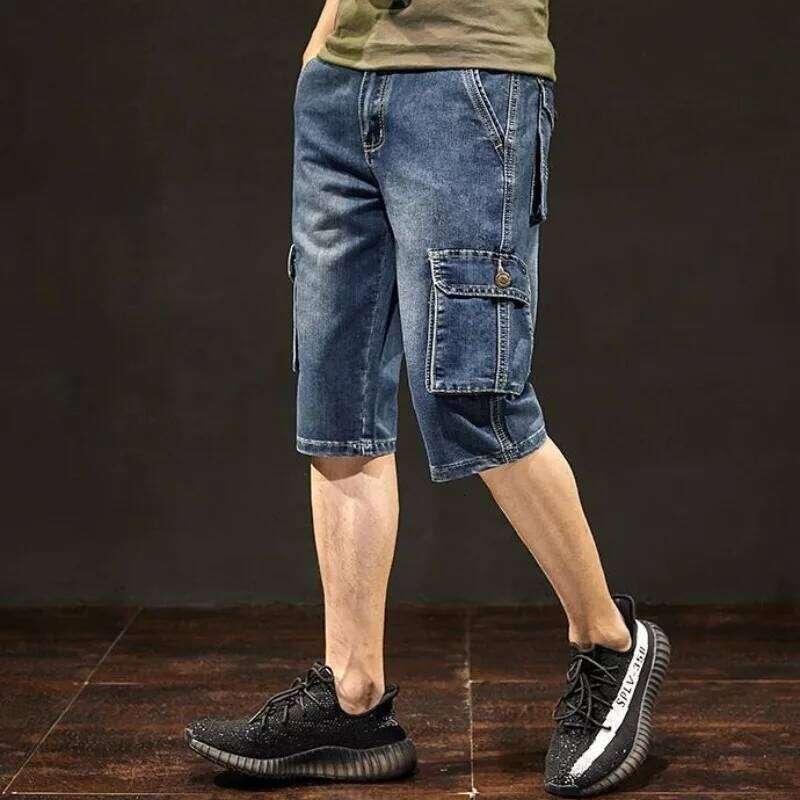 Men's Short Jeans Pants Blue Straight Cargo with Pockets Male Half Denim Shorts Cowboy Designer Stretchable Wih Zipper Stretch 26L0512