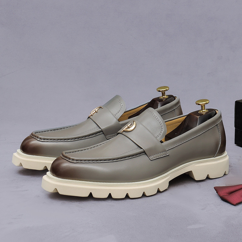Men's Beige Leather Loafers Platform Thick Sole Slip-On Dress Shoes Moon Star Metal Buckle Casual Business Footwear - view 9