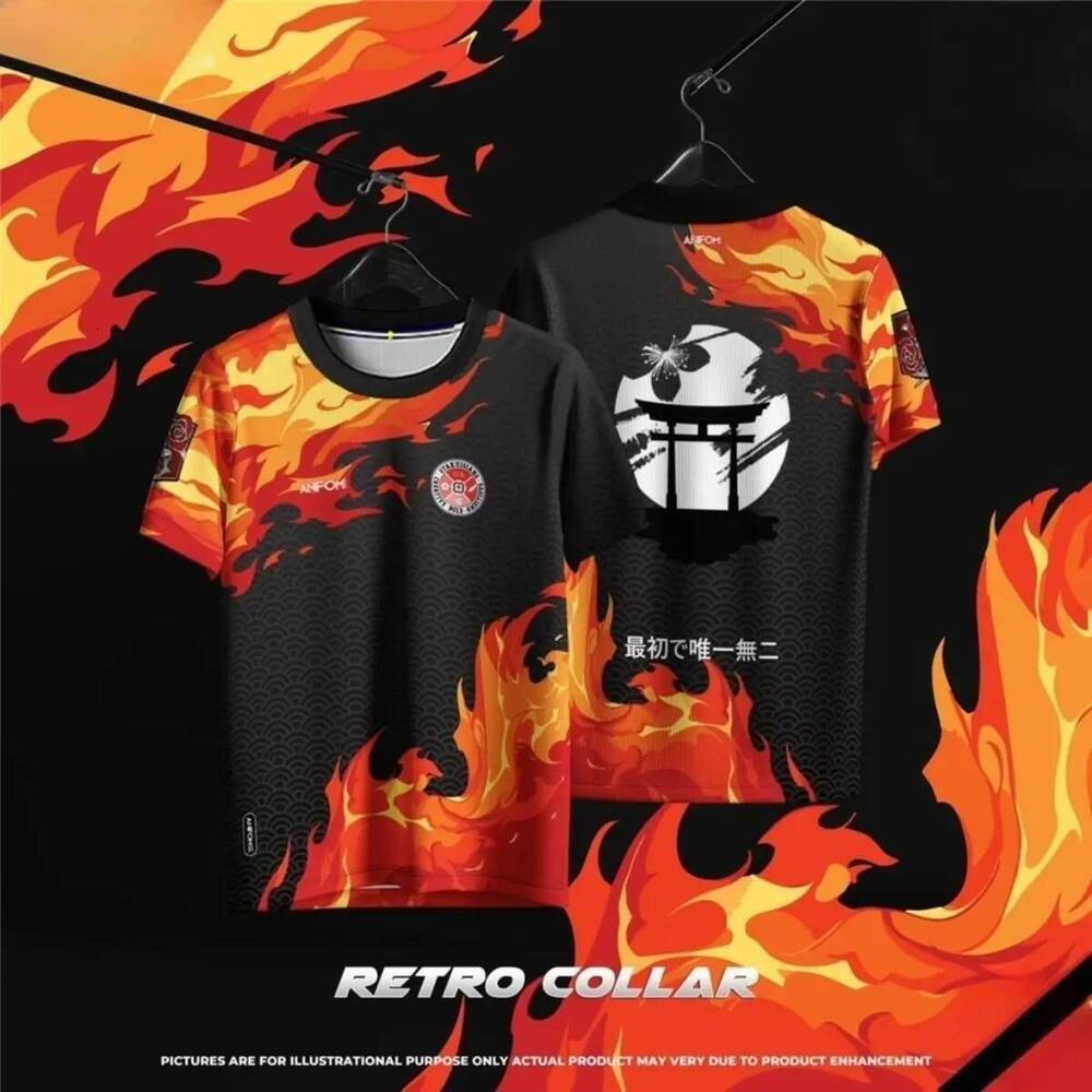 Japanese Style Sweatshirt, Retro Neckline Design, Flame Pattern, Men's T-Shirt, High Quality, Outdoor Sports, Jersey, Short Sleeve, Can Be Worn b