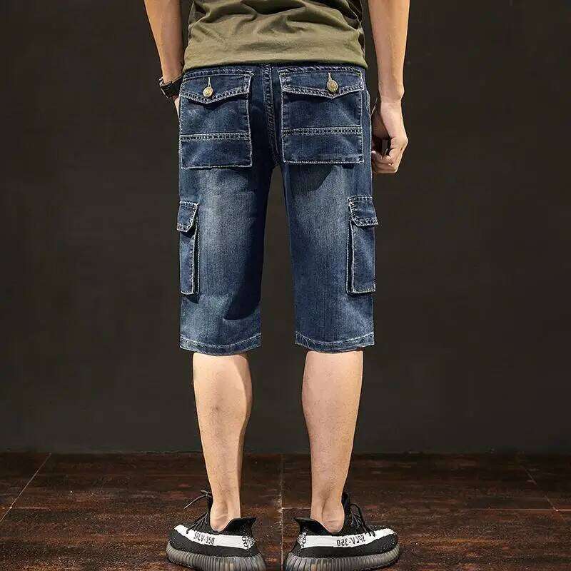 Men's Short Jeans Pants Blue Straight Cargo with Pockets Male Half Denim Shorts Cowboy Designer Stretchable Wih Zipper Stretch 26L0512