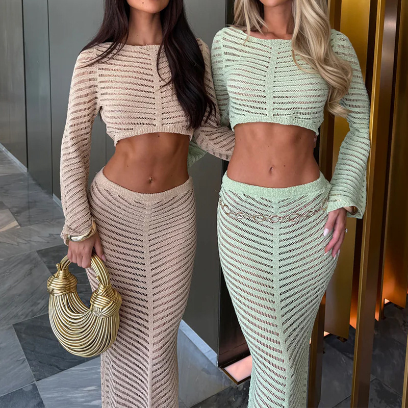 Fashion Hollow Out Knitted Midi Dress for Women Elegant Long Sleeve Slim Side Split Summer round-neck long-sleeved knitted half-length dress set 24081