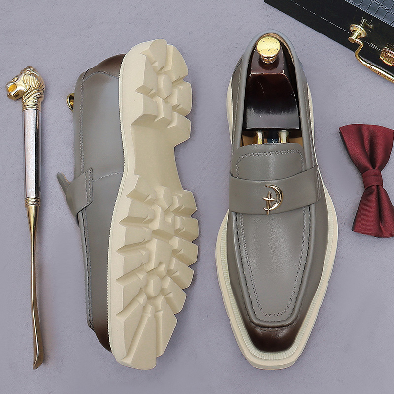 Men's Beige Leather Loafers Platform Thick Sole Slip-On Dress Shoes Moon Star Metal Buckle Casual Business Footwear - view 5