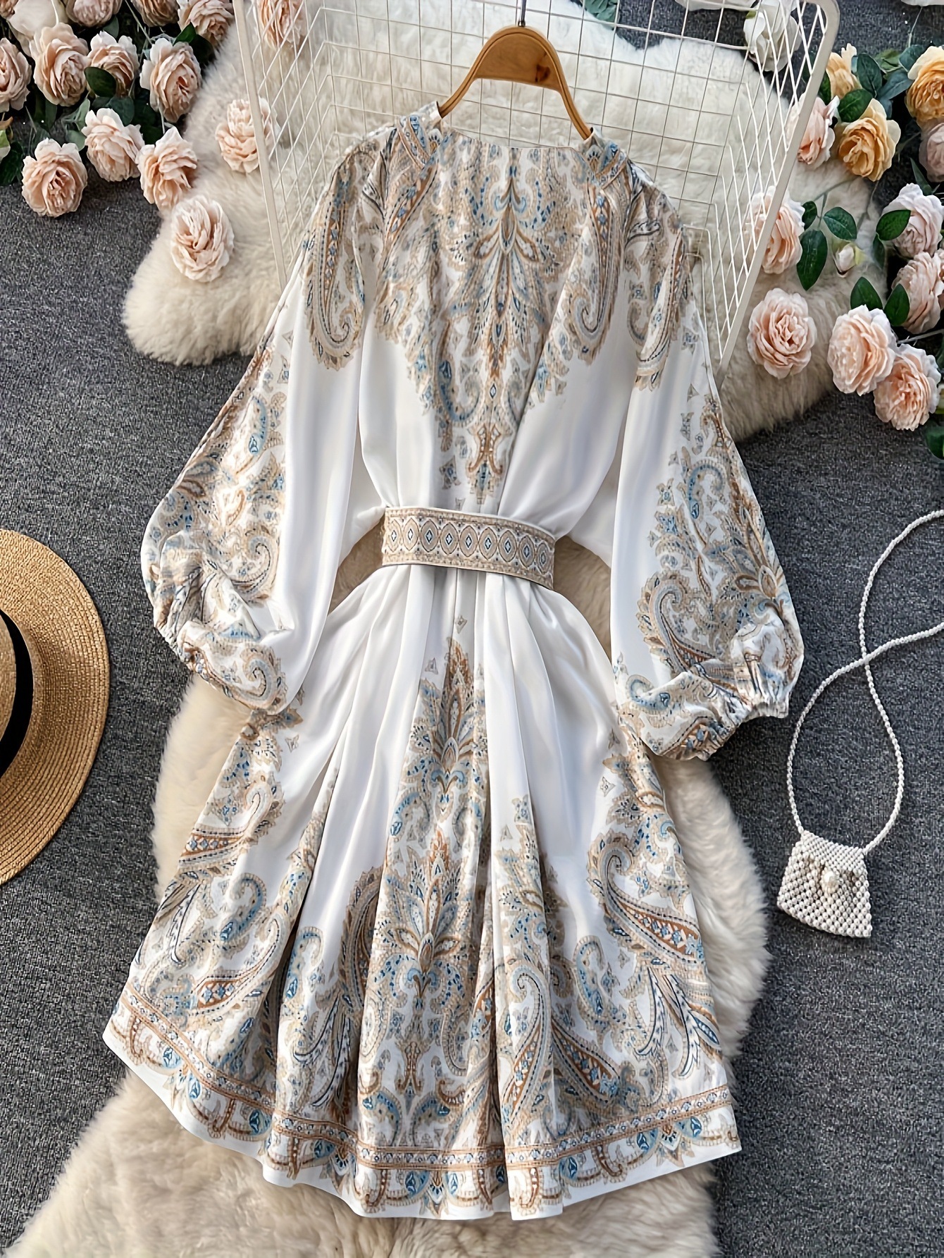 Summer Retro Paisley Print Long Dresses Womens V Neck Short Puff Sleeve Vintage Bandage Lace Up Boho Robe Vestidos Clothes 6269 240808