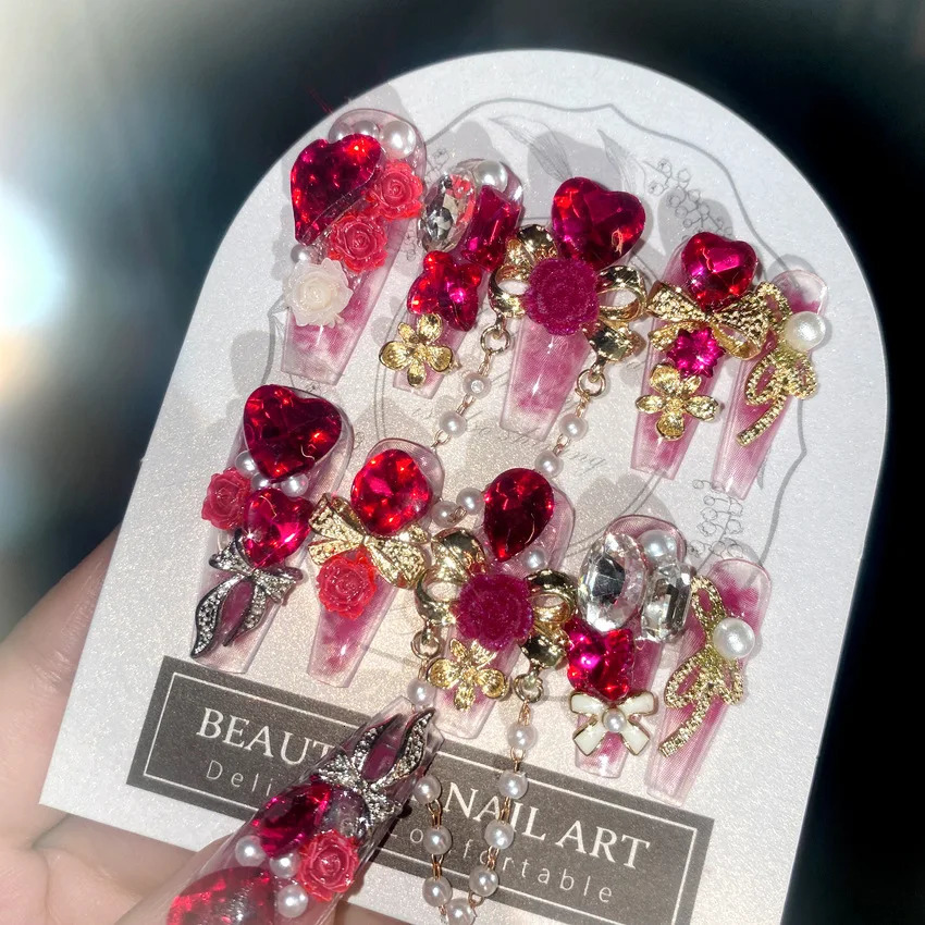 24pcs Heavy Metal Red Crystal n False Nails 3D Gold Bow Pearl Decor Bride Fake Nail tips Full Cover Diamond Press on nails 260511