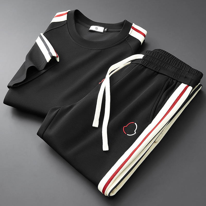Men's Tracksuits Side Stripe Casual Sports Sweater Suit Four Seans Knitted Sweatpants Two-Piece Trendy Set Pants + short sleeves T shirts