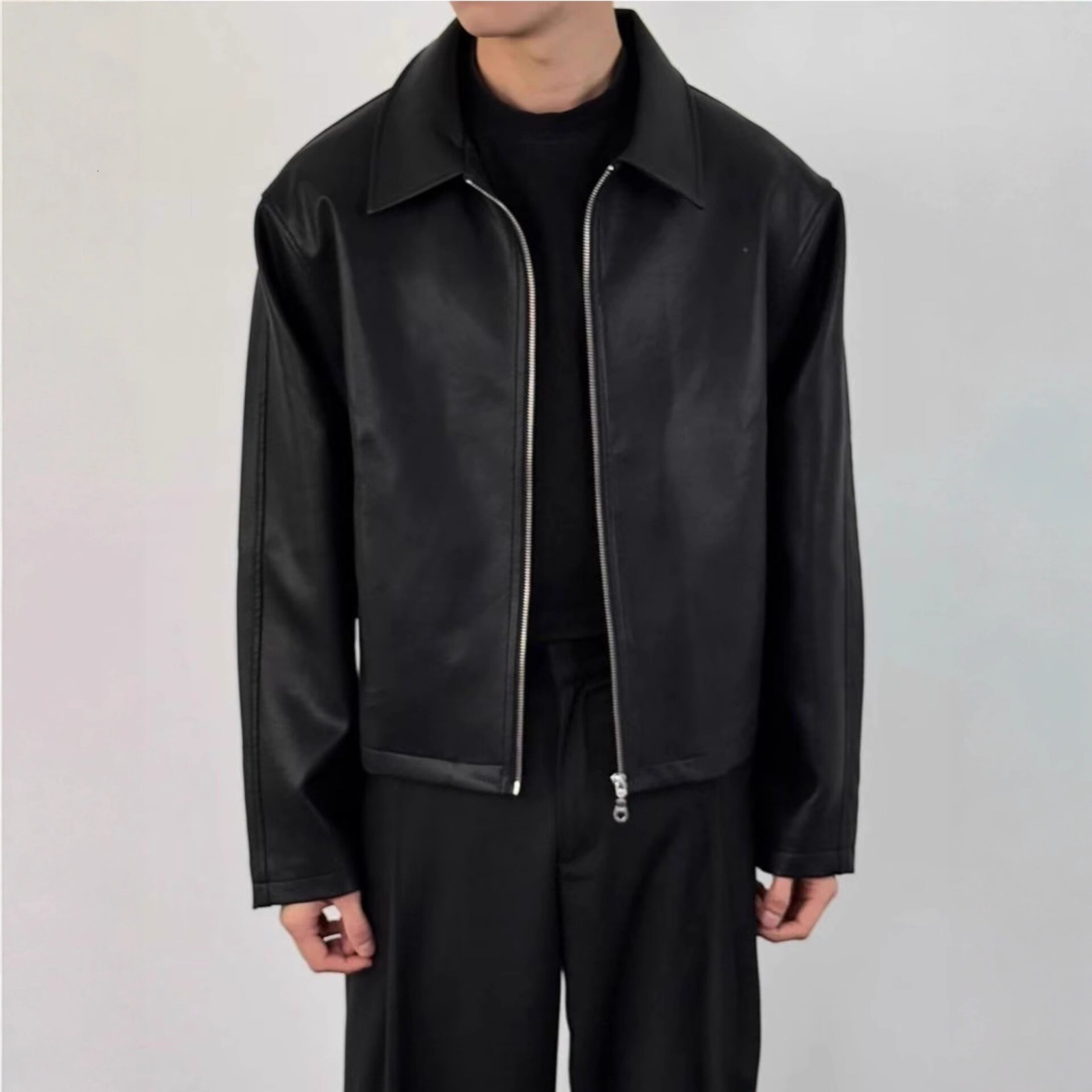 American high street vibe style simple black cool leather jacket for men trendy loosefitting top with a turndown collar and zipper 250109
