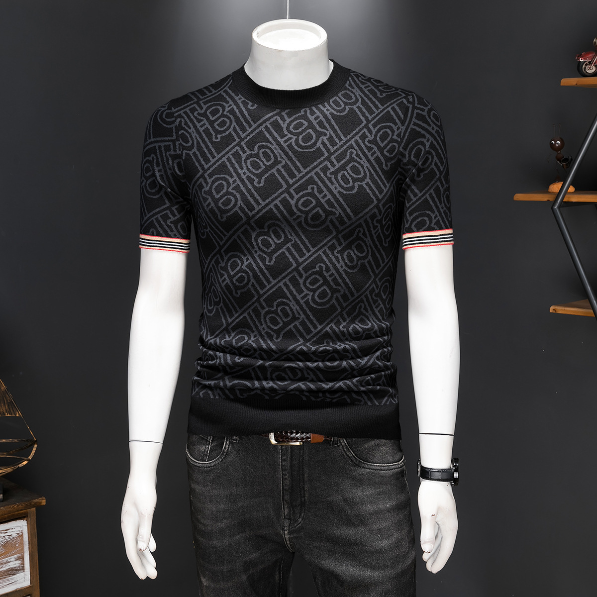 European Brand Men's Jacquard Short Wool Knit Pullover Half Sleeve Base Shirt 2026 Autumn Winter New Trend
