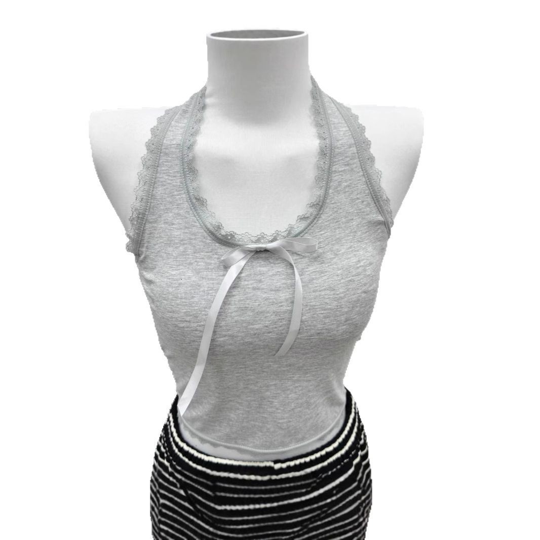 Y2K Vintage Lace Trim Crop Tops Womens Halter Vest Lace Trim Front Bowknot V-Neck Vest Backless Cropped Camisole 240812