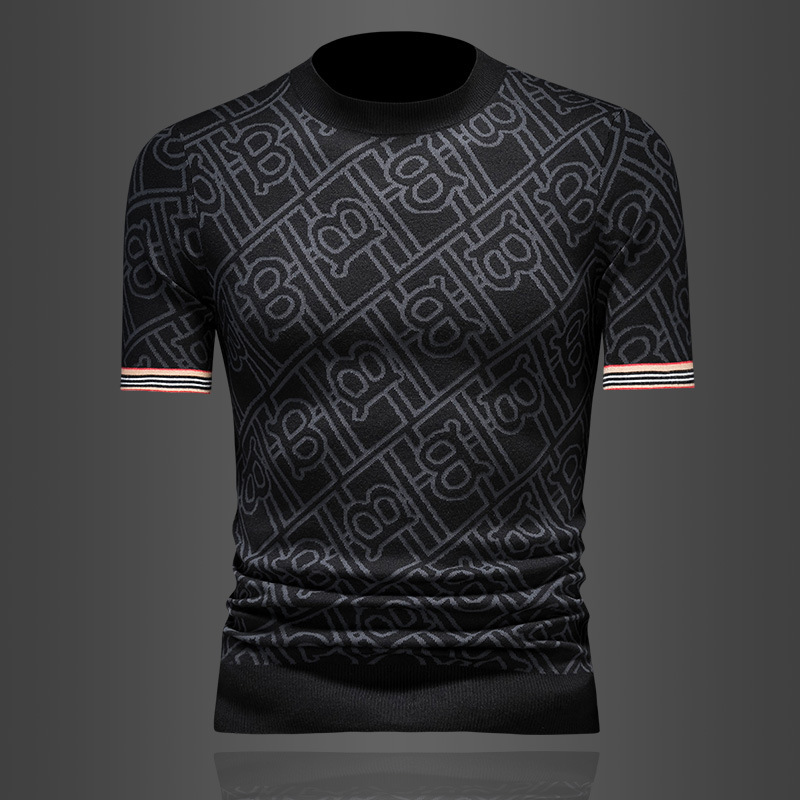 European Brand Men's Jacquard Short Wool Knit Pullover Half Sleeve Base Shirt 2026 Autumn Winter New Trend