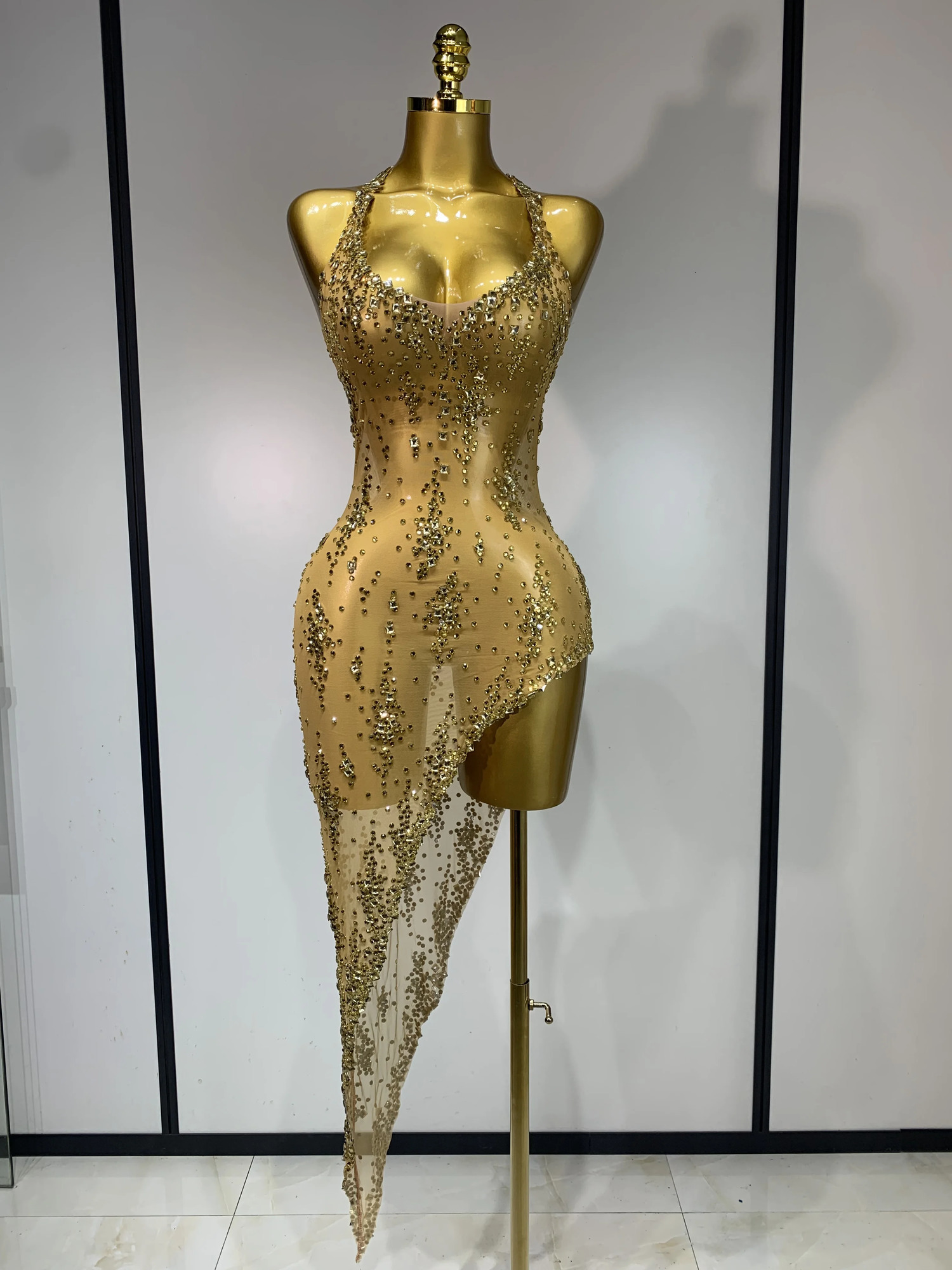 Sparkly Crystal Diamond Gold Sexy See-Through Sheath Dress Nightclub Performance Custome Stage Wear Birthday Evening Party Dress 260512