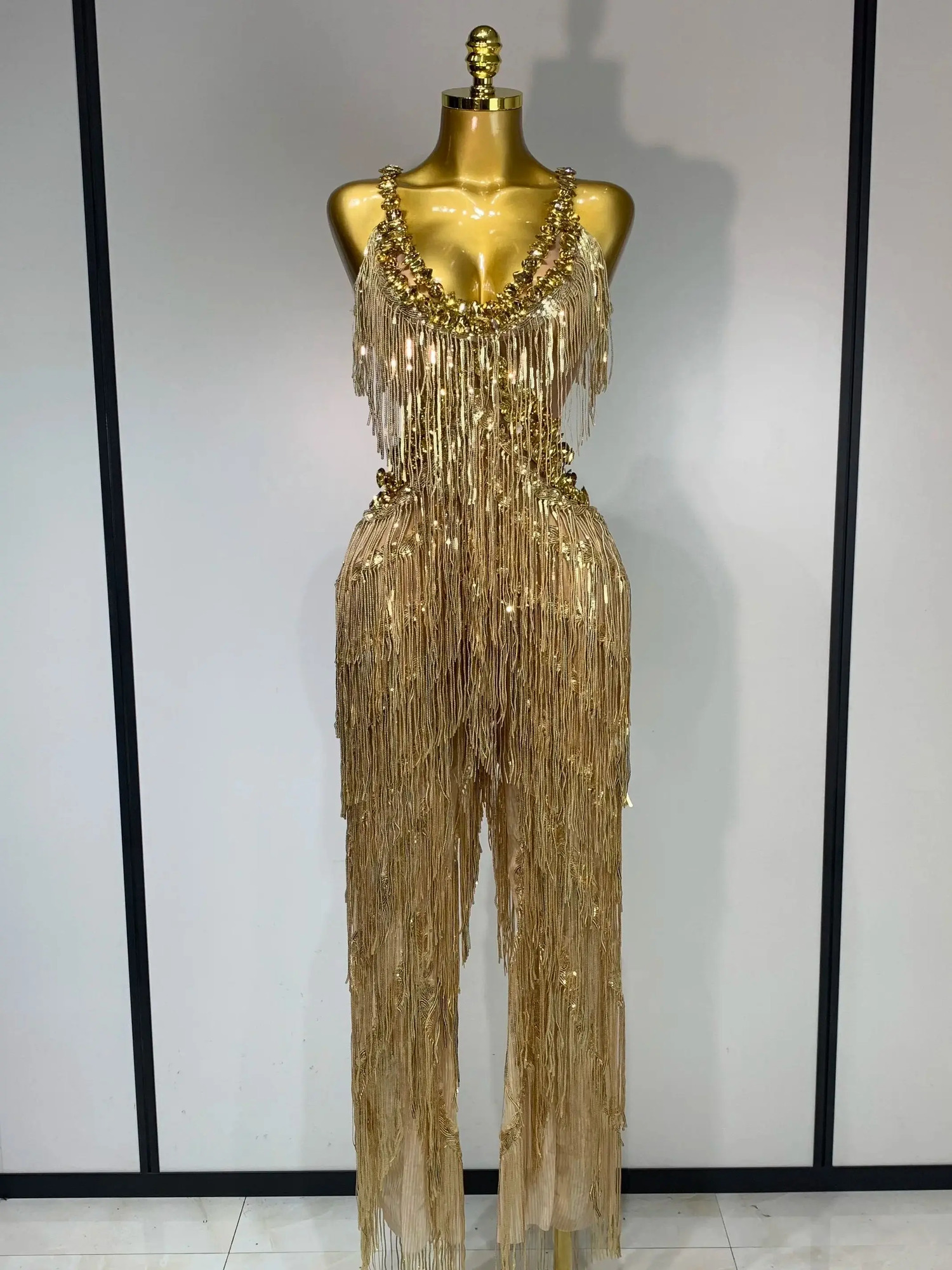 Women Sparkly Glod Rhinestones Sequined Fringe jumpsuit Sexy Nightclub Party Birthday Outfit Show Singer Stage Perform Costume 260512
