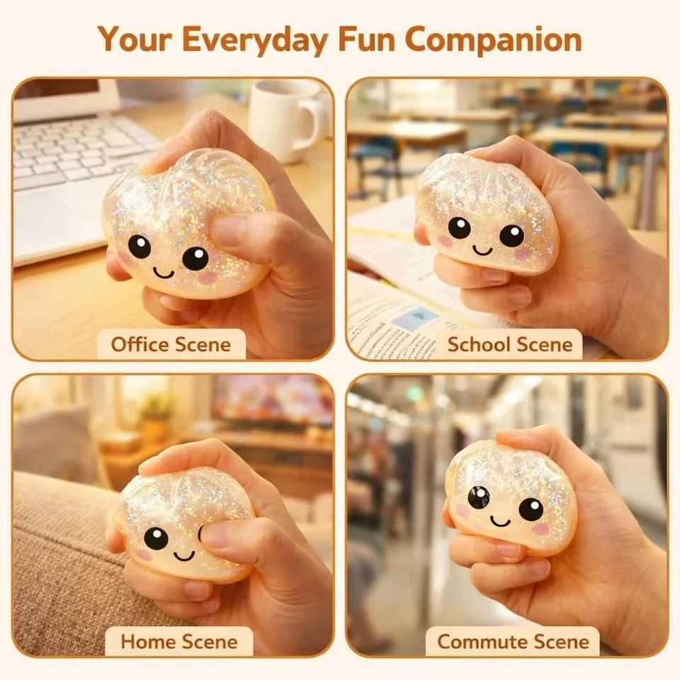 Steamed Bun Squeeze Toy Simulation Bao Stress Relief Fidget Toy with Beads Sparkles Soft Squishy Sensory Decompression Accessory Z2605121