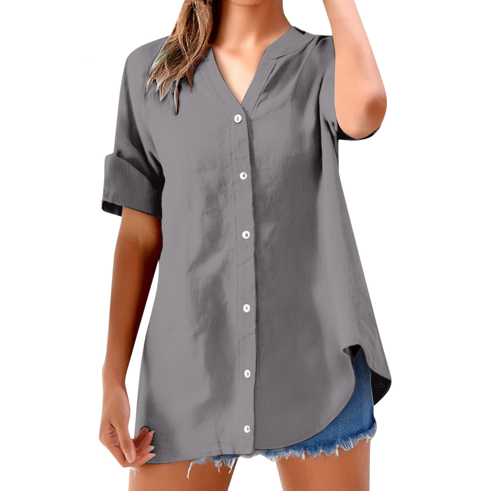2026 Womens Casual Solid Color Stand Collar Button Short Sleeve Shirt Top240814