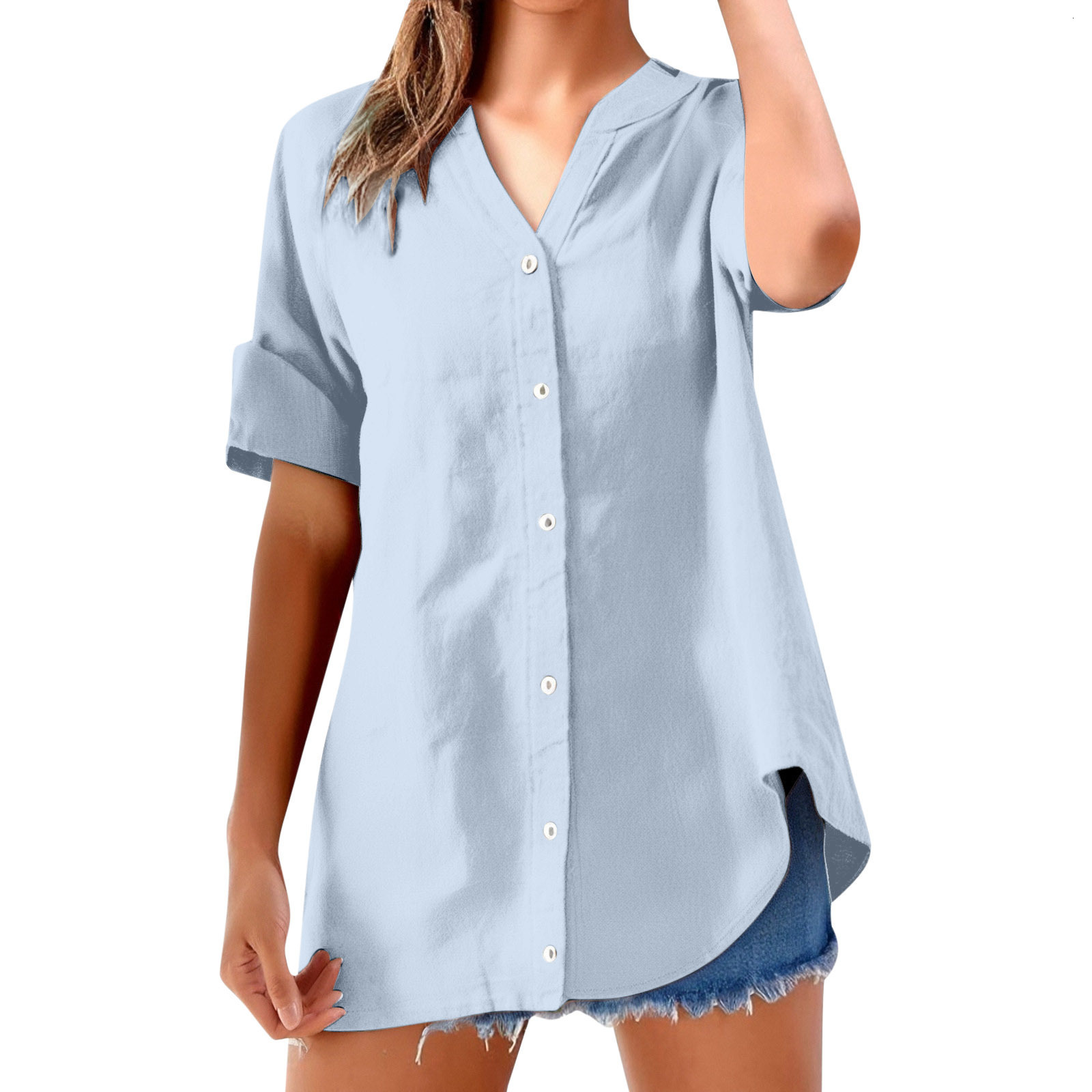 2026 Womens Casual Solid Color Stand Collar Button Short Sleeve Shirt Top240814