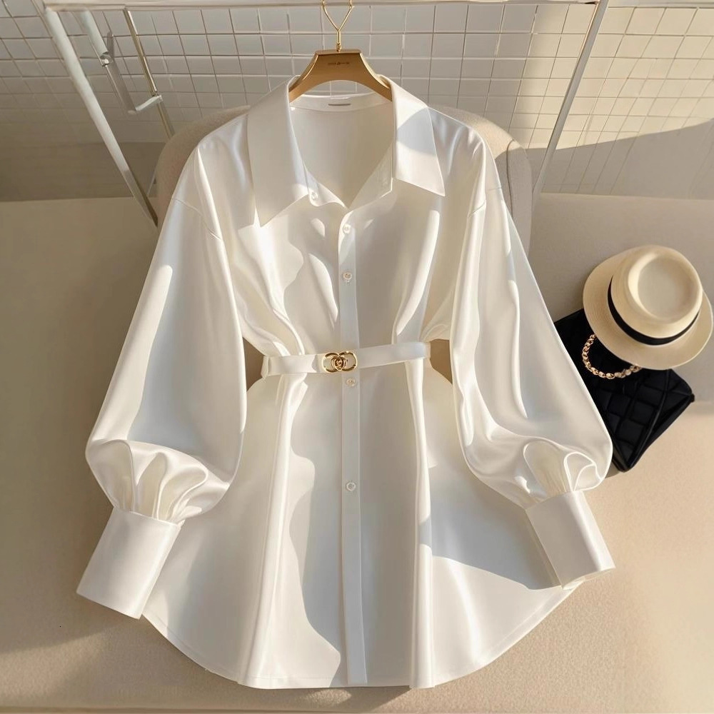 Designer 2026 Luxury Autumn New French Style Elegant Waist-cinching Top For Slightly Plump Women, Light Luxury High-end White Long-sleeve Shirt Free S
