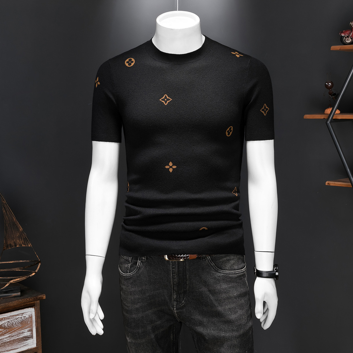 European brand men's short-sleeve wool knit shirt, fashionable round-neck half-sleeve t-shirt, 2026 autumn and winter new fashion